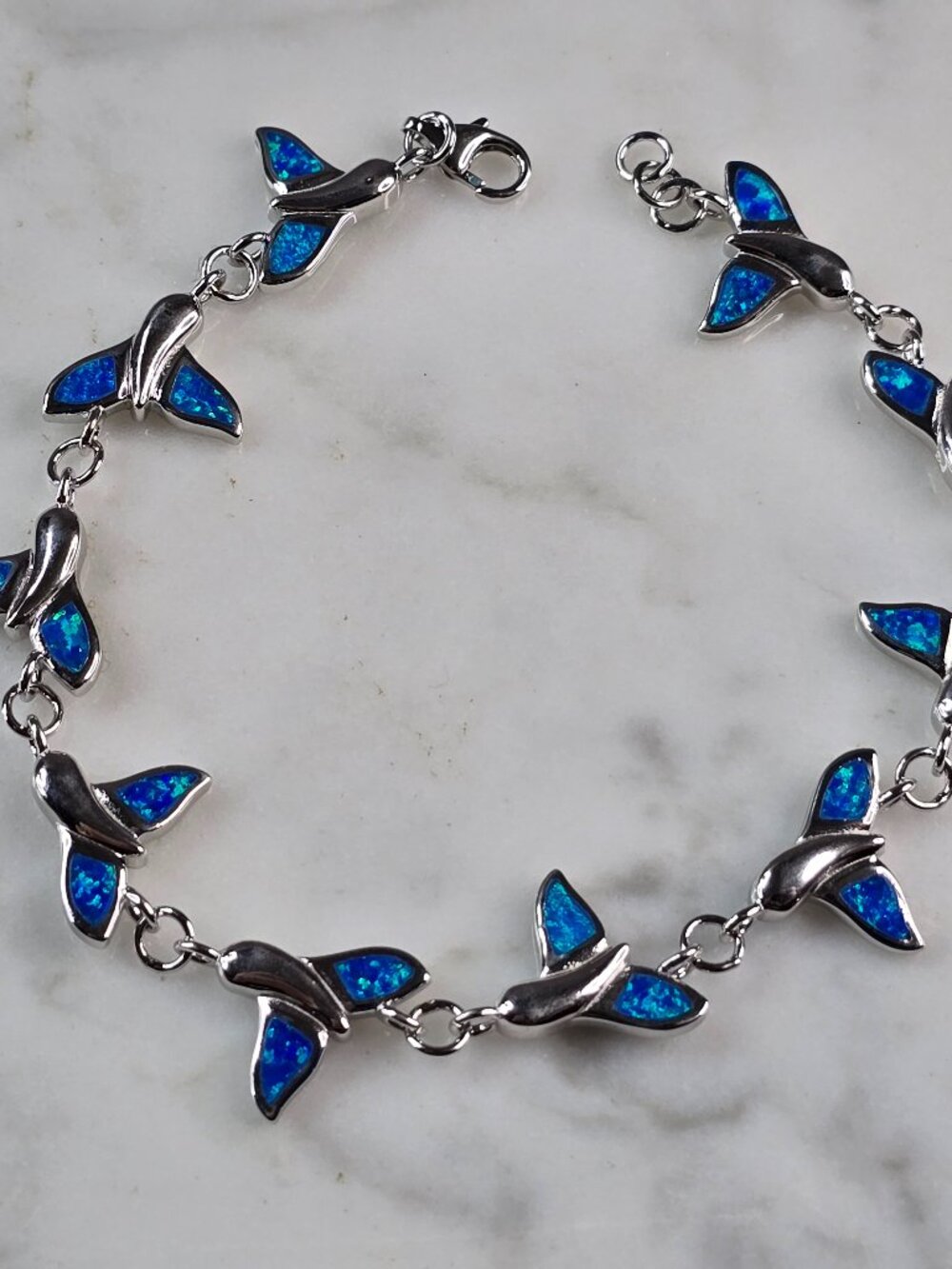 Womens Sterling Silver Blue Opal Whale Tail Ocean Bracelet 11.9g E4190